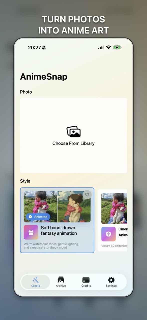 AnimeSnap create screen with style picker
