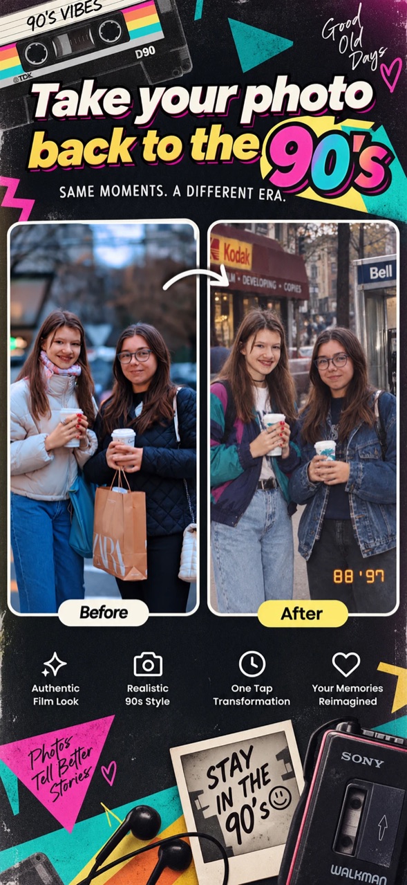 Retro Lens before and after: two friends with coffee turned into a 1997 disposable-camera snapshot